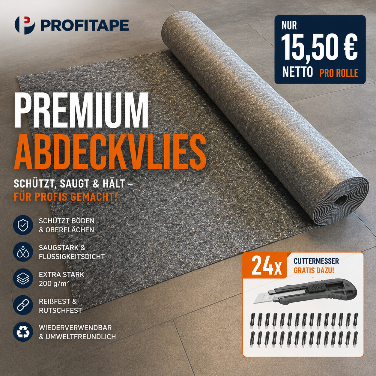 Premium Abdeckvlies 200 g/m² – Palette mit 30 Rollen (1 × 50 m) + 24 Cuttermesser GRATIS | Extra stark & mehrfach verwendbar
