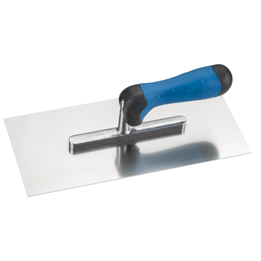 Glättekelle mit rostfreier Edelstahlklinge und ergonomischem 2K-Griff für Putz-, Spachtel- und Glättarbeiten im Innenausbau