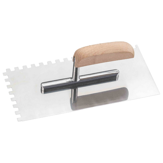 Gezahnte Glättekelle mit rostfreier Edelstahlklinge und Holzgriff, erhältlich mit 6×6 mm