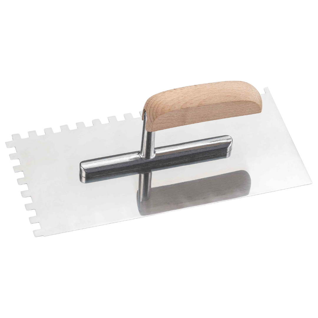 Gezahnte Glättekelle mit rostfreier Edelstahlklinge und Holzgriff, 8×8 mm Zahnung für Fliesen- und Klebearbeiten