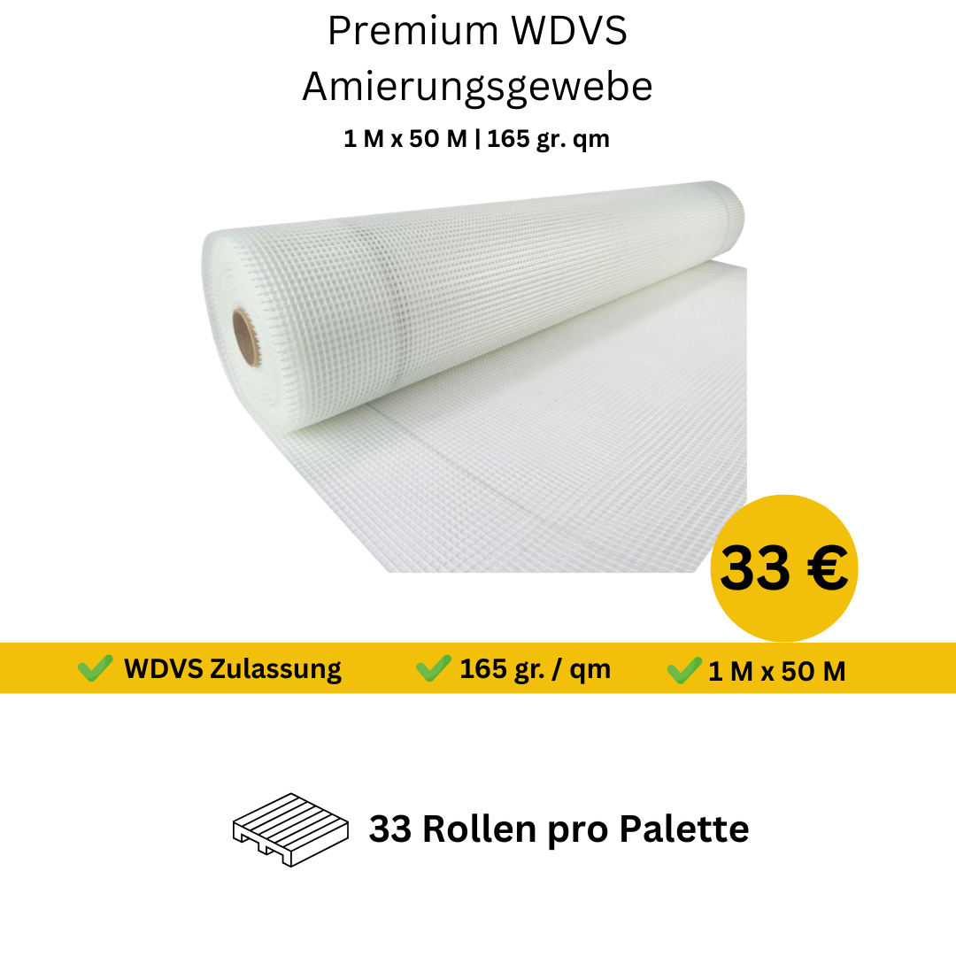 33 Rollen WDVS Armierungsgewebe 165 g/m² – 1 m × 50 m Rolle | Hochwertiges Fassadennetz für Dämmung & Putzarmierung