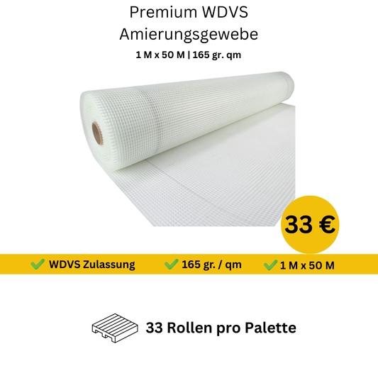 33 Rollen WDVS Armierungsgewebe 165 g/m² – 1 m × 50 m Rolle | Hochwertiges Fassadennetz für Dämmung & Putzarmierung